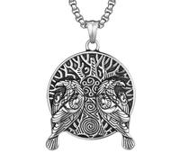 Vrivreii Twin Raven Necklace, Norse Tree Spiral Medallion | Mirrored raven carving, branching tree backdrop, triple spiral center, Norse mythology style