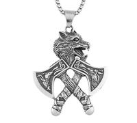 Vrivreii Wolf Head Crossed Axes Pendant Necklace, Norse Battle Jewelry | Fierce carved expression, antique silver finish, dual weapon detailing, fearless warrior aesthetic