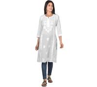 Vrnda Women's White Cotton Kurti - Hand-Embroidered Lucknowi Chikankari, Straight Fit, Knee-Length Pakistani Style Kurta, White-design 1, S