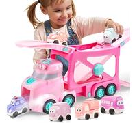VROOMIX 3-Layer Extra Large Princess Pink Transporter Truck, Girls Toys Age 3 4 5 6, 7-in-1 Carrier Truck with Directional Speed Tracks, Siren & Lights, 6 Cars, Birthday Gifts Toy for 3 4 5+ Years Old