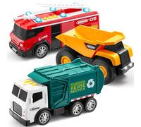 Vroomix 3-Pack Emergency Vehicle Toy Set - Friction Powered Garbage Truck, Fire Truck, and Construction Vehicle with Lights and Sounds - Educational Toy Set for Boys, Xmas for Kids Toddler