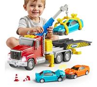 Vroomix Tow Truck with 2 Cars,Kids Toys for 3 4 5 6 7 Years Old Boys,Tow Truck with 2 Transformation Cars and Multi-Functional Trailer,Crane Toy with Lights and Sounds,Toddlers Gifts