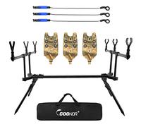 Vroomoto Carp Fishing Rod Pod Fishing Pole Stand Bite Indicators Adjustable Rod Stand with 3 Bite Alarms 3 Bobbins Chain Swingers for Lake River Pond (#4)