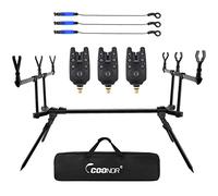Vroomoto Carp Fishing Rod Pod Fishing Pole Stand Bite Indicators Adjustable Rod Stand with 3 Bite Alarms 3 Bobbins Chain Swingers for Lake River Pond (#)