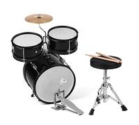 Vroomoto Junior Drum Set Beginners Drum Kit Percussion Instrument 3 Piece Kids Set Bass Snare Tom Cymbal with Adjustable Stool and Drumsticks for Young Players (Black)