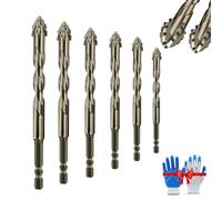 Vrsgs Drill Bits, Vrsgs 4 Flute Drill Bit Set, High-Strength 4-Flute Serrated Eccentric Drills Bit Kit, Four Blade Serrated Eccentric Drills Bits, for Stone, Glass, Wood, Metal (6PCS)