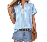 Vrtige Women's Dressy Striped Top V Neck Button Down Short Sleeve Summer Blouse Shirt, Azure, S