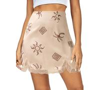 Vrtige Women's Satin Lace Trim High Waist Split Hem Bodycon Mini Short Skirt, Khaki Sun Coconut, M
