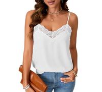 Vrtige Women's Satin Tank Summer Top Adjustable Spaghetti Lace Trim V Neck Strap Camisole, White, L