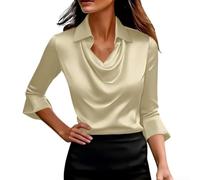 VRTYVEYBB Women's Satin Bell Sleeve Blouse Solid Color Collared Top | Smooth , elegant bell sleeves, classic collar, solid color design, medium stretch comfort