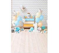 vrupi 1st Birthady Party Background 5x7ft Photography Backdrop Interior Blue Balloons Paper Balls Cake Smash Table One Year Old Baby Background Stars Stripes Wall Wooden Floor Scene