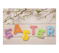 vrupi Easter Theme 10x6.5ft Vinyl Photography Background Spring Flowering Branches Colorful Gingersnap Easter Letters Rustic Wood Plank Backdrop Community Easter Egg Hunt Day Banner Studio Props