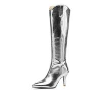 Vrupons Women's Metallic Knee High Boots | 8cm Stiletto Heel Pointed Toe, Back Zipper with Faux Fur Lining for Stage Performances