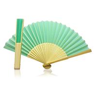 Vruti's Pastel Green Fabric Foldable Hand Held Bamboo and Wooden Fan