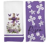 VRW He is Risen Easter Kitchen Dish Towels Set of 2, Purple Floral Christian Lamb Hand Tea Towels for Kitchen Bathroom Decorations, Easter Christian Decor Towels Gifts, 16x24 Inches