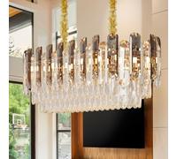 Vrygle Crystal Chandelier Ceiling Light: 3-Tier Modern Adjustable Height Round Pendant Lamp with 3 Dimmable Colors for Living Room Kitchen Bedroom Hallway Transparent Grey 23.6” x 11.8”, E14 x 6