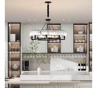 Vrygle Industrial Crystal Chandelier: 80cm Round Luxury Ceiling Pendant Light Fixture with 6 Bulbs 3 Lighting Colors Matte Black Metal Frame for Living Room, Kitchen Island, Dining Room