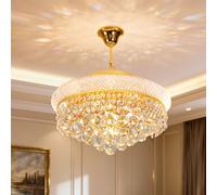 Vrygle Luxury Crystal Chandelier: 46CM Round Ceiling Pendant Light Fixture with Golden Frame LED Bulbs 3 Colors Lighting for Dining Room, Living Room, Foyer