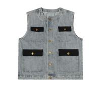 Vsadsau Men Color Contrast Denim Vest Multi Pockets Sleeveless Vest Button Crewneck Waistcoats Blue S 40Kg-50Kg