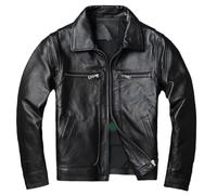 Vsadsau Mens Retro Distressed Cowhide Leather Jacket Turn Down Collar Zip Up Motorcycle Riding Jackets Black