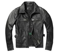 Vsadsau Mens Retro Distressed Cowhide Leather Jacket Turn Down Collar Zip Up Motorcycle Riding Jackets Gray