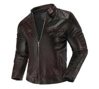 Vsadsau Mens Retro Distressed Leather Motorcycle Jacket Stand Collar Slim Fit Short Riding Biker Coat Brown