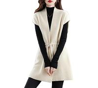 Vsadsau Women 100% Cashmere Long Cardigan Vest Solid Knitted Slim Sleeveless Tie Belt Cardigan Sweater Beige One Size