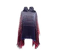Vsadsau Women Gradient Stripes Poncho Cape Tassel Knitted Sweaters Capes Pullover With Cap Navy Blue One Size
