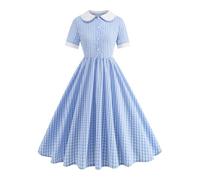 Vsadsau Women Peter Pan Collar Vintage Gingham Plaid Dresses Short Sleeve Pleated A Line Swing Dress Blue XL