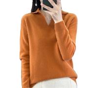 Vsadsau Women Turn Down Collar Pullover Tops 100% Merino Wool Polo Sweater Solid Color Casual Jumper Pumpkin Orange S