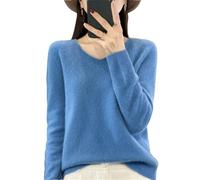 Vsadsau Womens 100% Merino Wool Seamless Sweater Solid Color V Neck Pullover Tops Lightweight Jumper Haze Blue XL