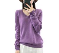 Vsadsau Womens 100% Merino Wool Seamless Sweater Solid Color V Neck Pullover Tops Lightweight Jumper Purple M