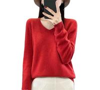Vsadsau Womens 100% Merino Wool Seamless Sweater Solid Color V Neck Pullover Tops Lightweight Jumper Christmas Red M