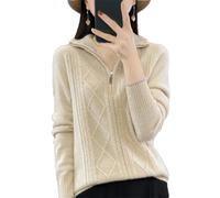Vsadsau Womens Zipper Pullover Cable Knit Turn Down Collar Cashmere Sweater 100% Merino Wool Knit Jumper Beige S