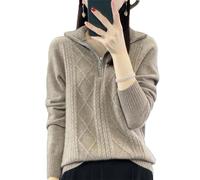 Vsadsau Womens Zipper Pullover Cable Knit Turn Down Collar Cashmere Sweater 100% Merino Wool Knit Jumper Lighttan S