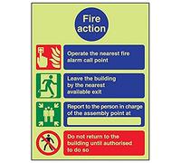 Vsafety 12010AN-G'4 Point Fire Action/Do Not Re-Enter' Sign, 150 mm x 200 mm (Pack of 3)