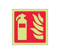 VSafety 13012AF-G "Fire Extinguisher Logo" Equipment Sign, Glow In Dark, 1 mm Plastic, Square, 100 mm x 100 mm, Red