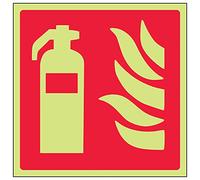 VSafety 13012AM-G "Fire Extinguisher Logo" Equipment Sign, Glow In Dark, 1 mm Plastic, Square, 150 mm x 150 mm, Red