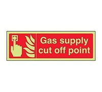 VSafety 13066AX-G "Gas Supply Cut Off Point" Fire Equipment Sign, Glow In Dark, 1 mm Plastic, Landscape, 300 mm x 100 mm, Red