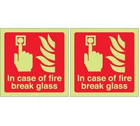 Vsafety 13088AM-G Glow In The Dark In Case of Fire Break Glass Sign - 150mm x 150mm - Rigid Plastic, Red (Pack of 2)