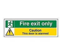 Vsafety 14013AX-S Fire Exit Only/Door Alarmed Sign - Landscape - 300mm x 100mm - Self Adhesive Vinyl, Black,Green,Yellow