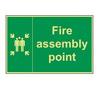 VSafety 17003BQ-G Fire Assembly Point Sign, Fire Assembly Point with Family, Plastic, Landscape, 600 mm x 400 mm, Green