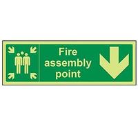 VSafety 17024BJ-G "Fire Assembly Point Arrow Down" Sign, Glow In Dark 1 mm Plastic, Landscape, 450 mm x 150 mm, Green