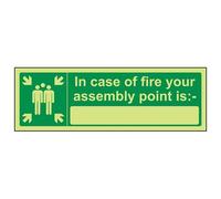 VSafety 17026AX-G"In Case Of Fire Your Assembly Point Is" Sign, Glow In Dark, 1 mm Plastic, Landscape, 300 mm x 100 mm, Green
