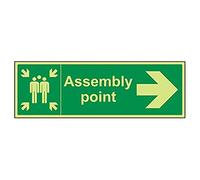 VSafety 17034BJ-G "Fire Assembly Point Arrow Right" Sign, Glow In Dark, 1 mm Plastic, Landscape, 450 mm x 150 mm, Green
