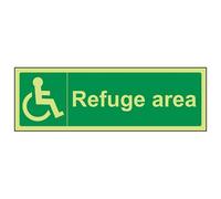 VSafety 17049AX-G"Refuge Area Fire Assembly Point" Sign, Glow In Dark, 1 mm Plastic, Landscape, 300 mm x 100 mm, Green