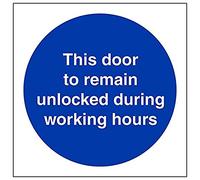 Vsafety 18032AF-R'Door To Remain Unlocked During Working Hrs' Sign, 100 mm x 100 mm (Pack of 3)