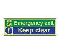 VSafety 21011AX-G Safe Condition Exit Sign, Emergency Exit/Keep Clear, Landscape, 1 mm Glow In The Dark Plastic, 300 mm x 100 mm, Blue, Green
