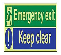 VSafety 21011BJ-G Safe Condition Exit Sign, Emergency Exit/Keep Clear, Landscape, 1 mm Glow In The Dark Plastic, 450 mm x 150 mm, Blue, Green