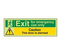 VSafety 21012AX-G Safe Condition Exit Sign, Exit For Emergency Use Only/Door Alarmed, Landscape, 1 mm Glow In The Dark Plastic, 300 mm x 100 mm, Black, Green, Yellow